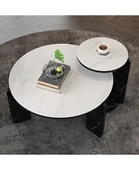Flynama Set of 2 Round Nesting Coffee Tables, Sintered Stone Top and Mdf Frame, 32.68"+16.93" for Small Spaces