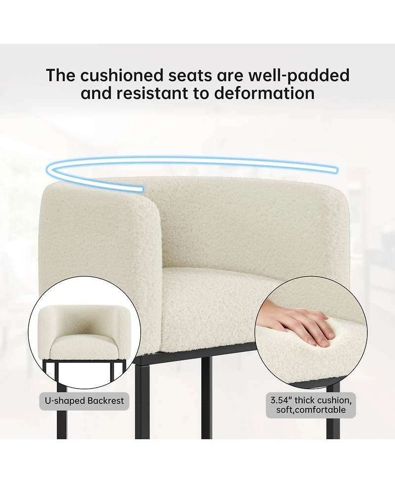 Bar Stools Set of 4 - Modern Lambswool Upholstered Counter Height Chairs with Backrest and Arms, Sturdy Black Metal Frame for Kitchen Island