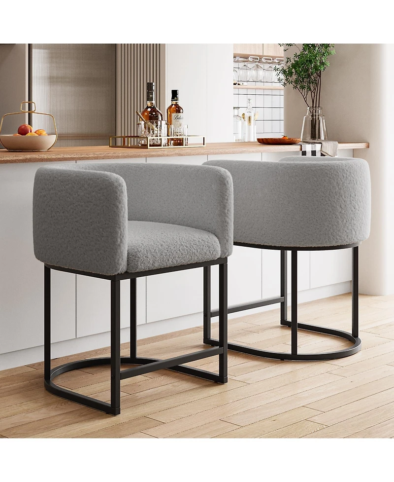 Bar Stools Set of 4 - Modern Lambswool Upholstered Counter Height Chairs with Backrest and Arms, Sturdy Black Metal Frame for Kitchen Island