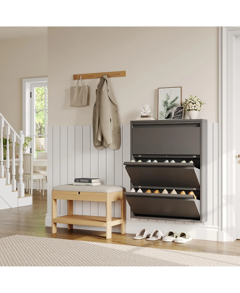 gaomon Wall-mounted metal shoe cabinet with 3 flip drawers, anti-tip carbon steel frame, ideal for narrow entryways, freestanding installation availab