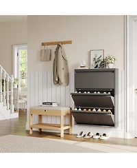gaomon Wall-mounted metal shoe cabinet with 3 flip drawers, anti-tip carbon steel frame, ideal for narrow entryways, freestanding installation availab