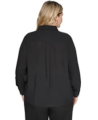 Karl Lagerfeld Paris Plus Long-Sleeve Collared Pleated Blouse