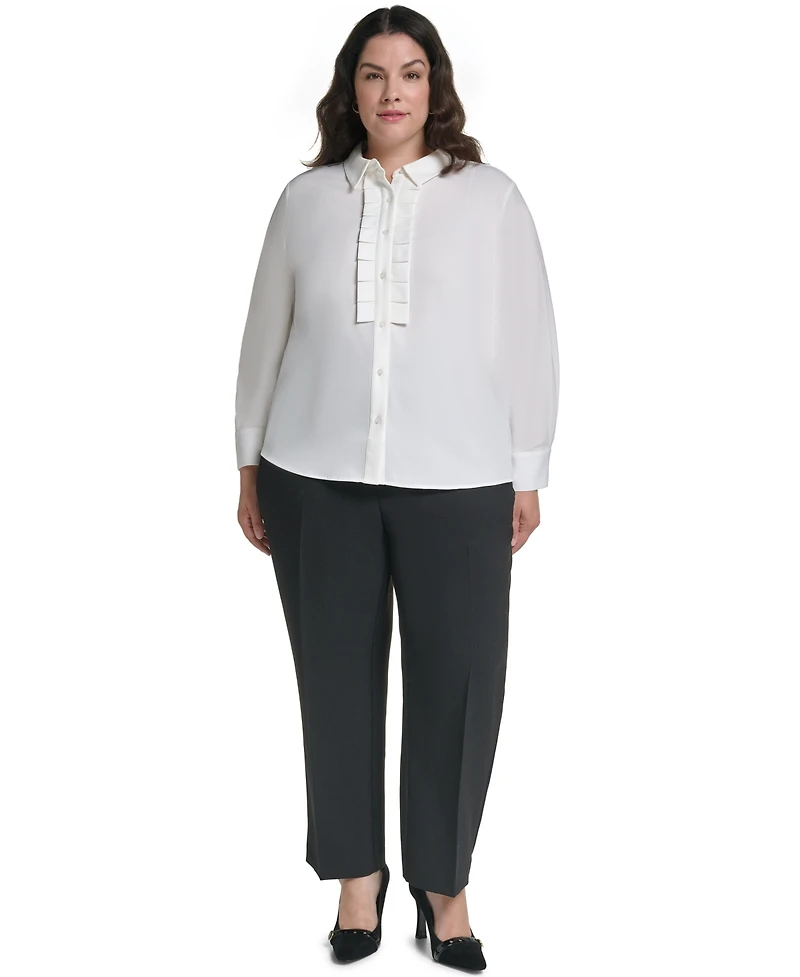 Karl Lagerfeld Paris Plus Long-Sleeve Collared Pleated Blouse