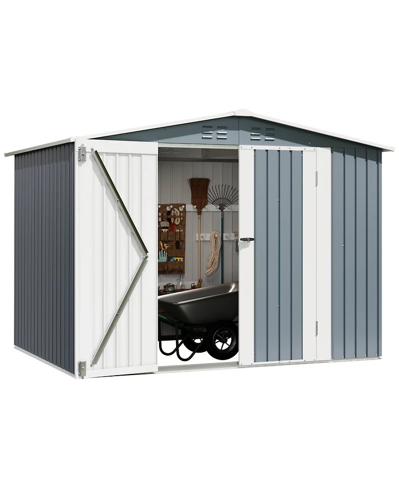 8 x 6 ft Outdoor Storage Shed with A-Frame Roof and Double Hinged Doors, Iron Tool House for Backyard Garden Patio, Gray