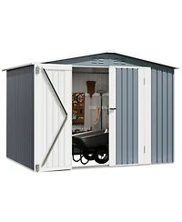 8 x 6 ft Outdoor Storage Shed with A-Frame Roof and Double Hinged Doors, Iron Tool House for Backyard Garden Patio, Gray