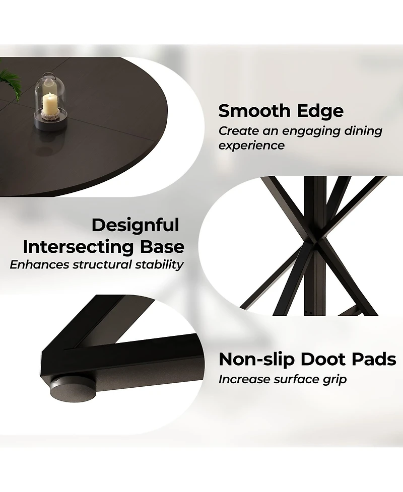 47 Inch Round Wood Dining Table, K-Shaped Carbon Steel Pedestal Base, Heat and Water Resistant Mdf Tabletop, Space Saving Industrial Dinner Table