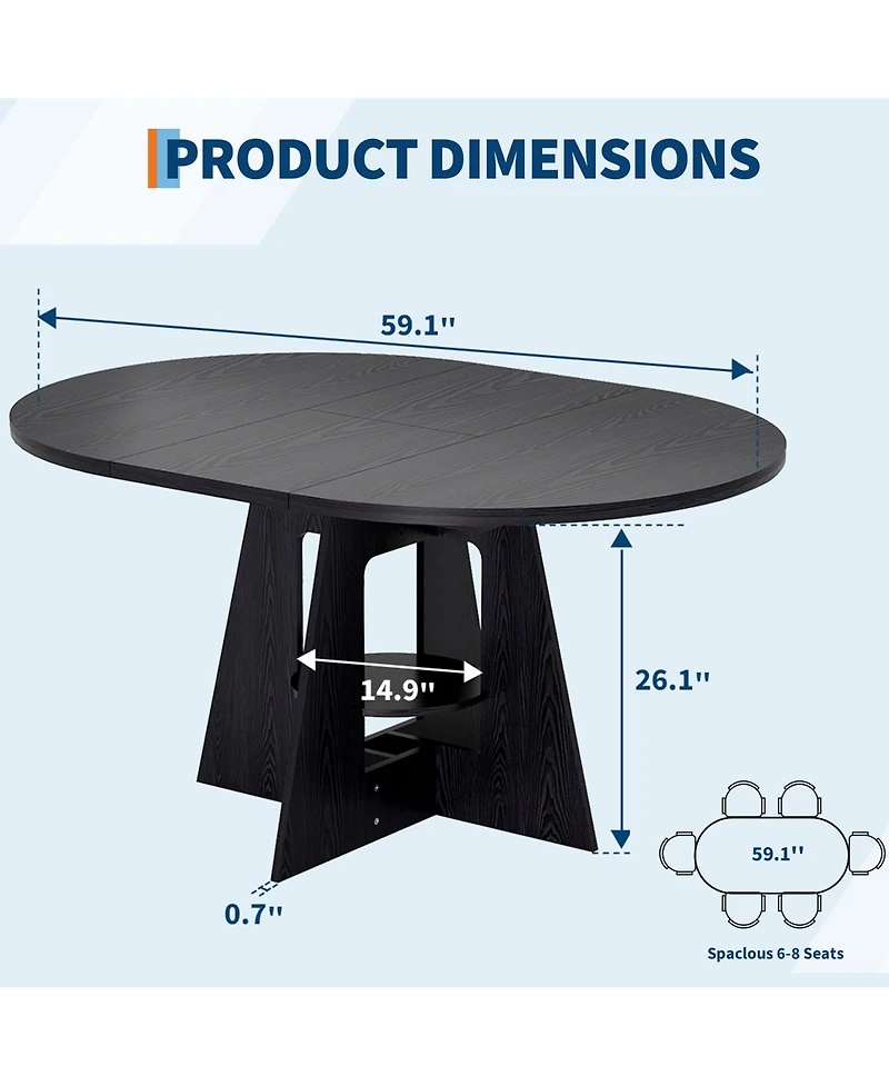 59'' Oval Dining Table with Built-In Storage Shelf, Pedestal Base Dining Furniture Accommodating 4-8 Diners, Storage Table for Kitchen, Dining Room