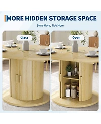59" Oval Extendable Dining Table with Storage, Engineered Wood Table with Roll-Up Cabinet, Space Saving for Dining Room, Kitchen, Black/Brown
