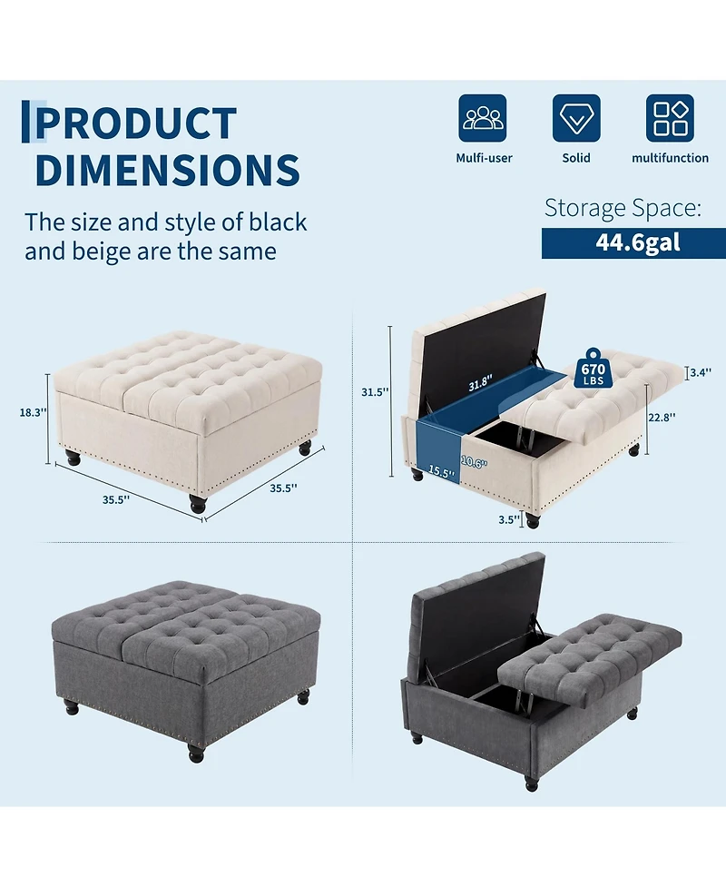 35" x 35" x 18" Storage Ottoman Bench with Flip-Top, Linen Upholstered Chest and Rubber Wood Legs, for Bedroom Entryway Living Room, Beige