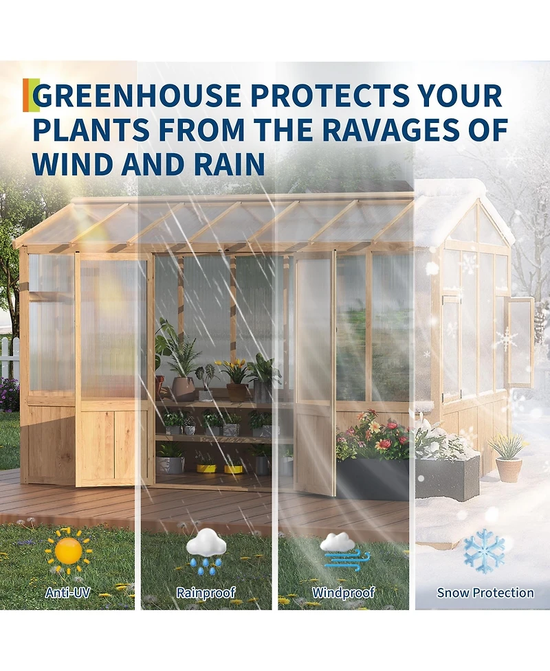 6.4 x 12 ft A-Frame Greenhouse with Cedar Wood Frame and Polycarbonate Panels, for Backyard Garden Patio, Natural Wood