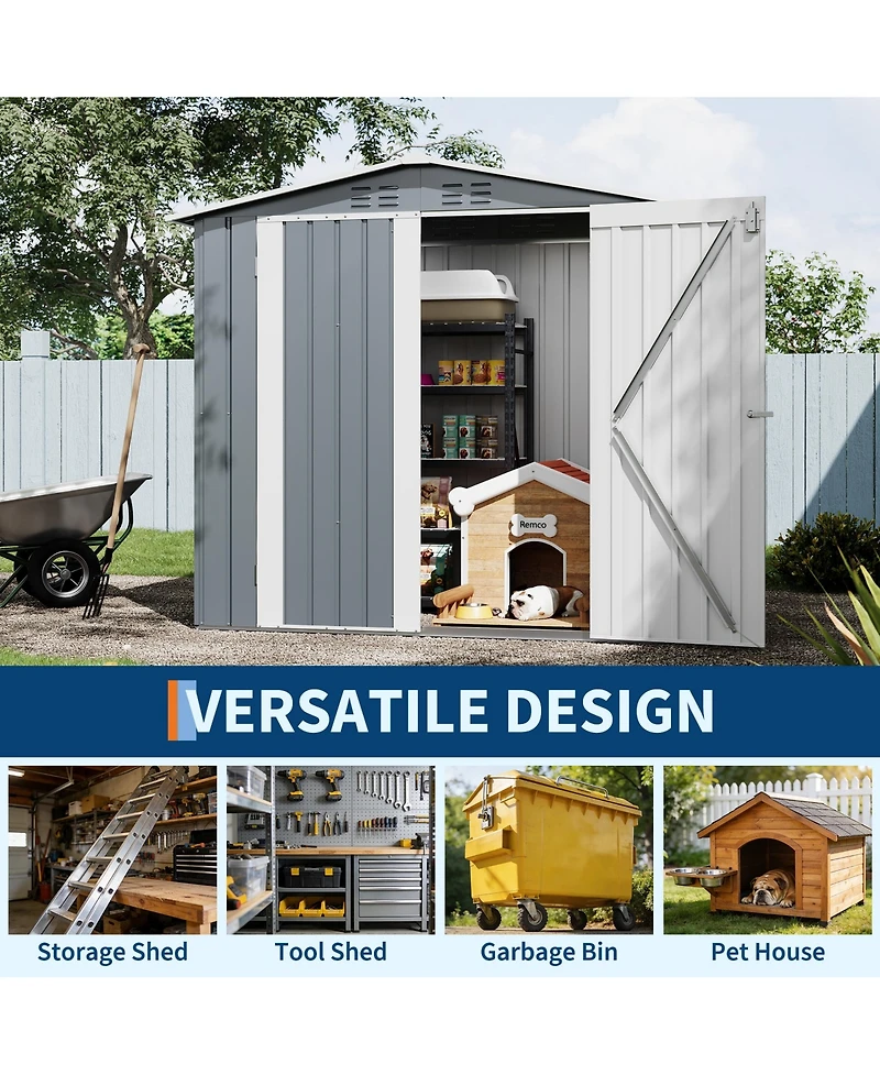 6' x 4' Metal Tool Shed with Gable Roof and Double Doors, Outdoor Storage Shed for Garden Patio Backyard, Gray
