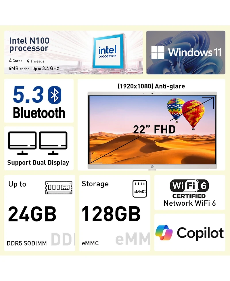 Hp 21.5" Fhd All-in-One Desktop, Intel N-Series N100, Intel Uhd Graphics, 24GB DDR5, 128GB eMMC, Wi-Fi 6, Windows 11 Home, White