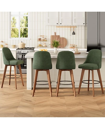 Counter Height Bar Stools Set of 4, Linen Fabric Upholstered Bar Chairs with Backs and Wood Legs, 360degree(s) Swivel Barstools