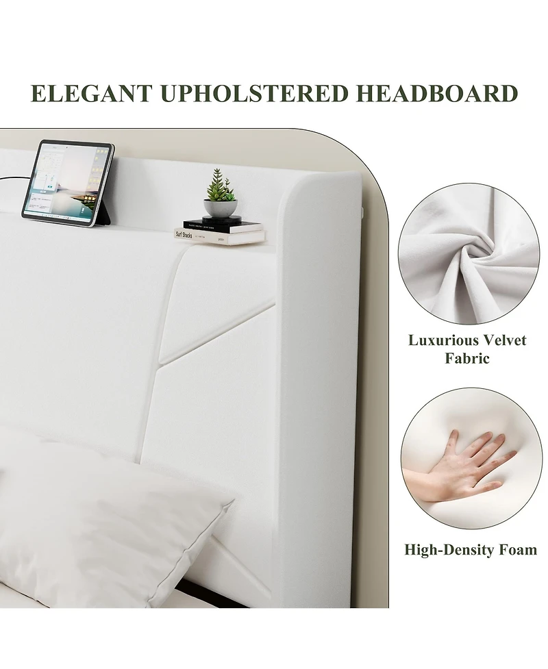 Bed Frame with Storage Headboard and Charging Station | Wingback Velvet Upholstered Platform Bed Frame, Solid Wood Slats Support