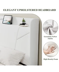 Bed Frame with Storage Headboard and Charging Station | Wingback Velvet Upholstered Platform Bed Frame, Solid Wood Slats Support