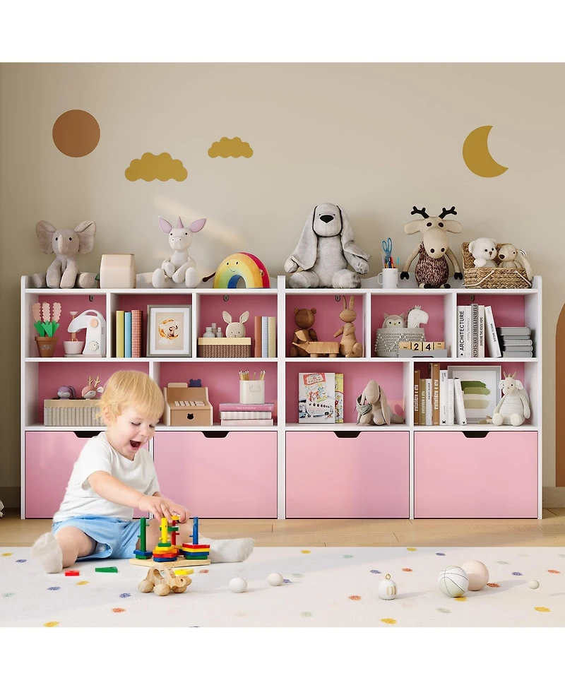 2 Set of Toy Storage Organizer with Movable Drawers, Kids Bookshelf with Hidden Wheels and 5 Open Cubbies, Floor Storage Chest for Playroom, Nursery