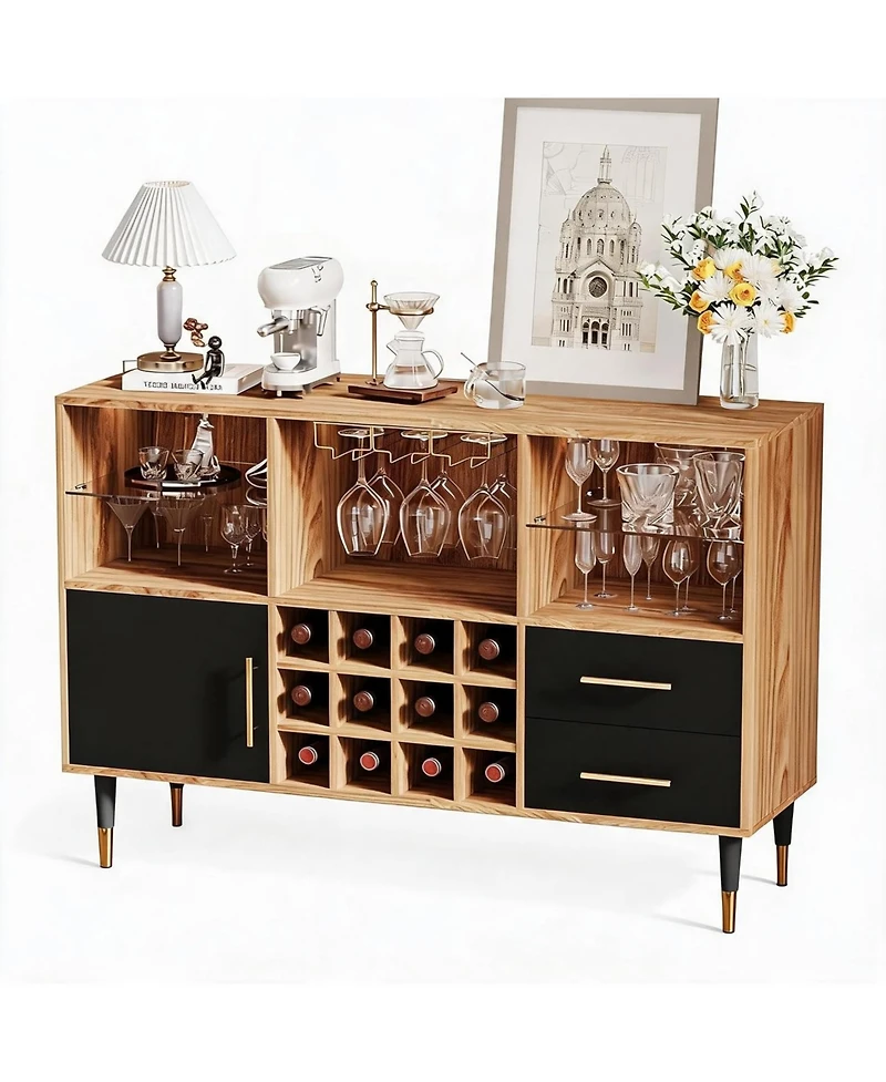 47.2" Wood Color Wine Bar Cabinet with Led Lights, Charging Station, Wine Rack and Glass Holder