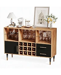 47.2" Wood Color Wine Bar Cabinet with Led Lights, Charging Station, Wine Rack and Glass Holder