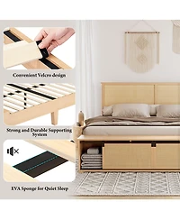 Full Rattan Bed Frame, Rattan Headboard and Rgb Led Light, Platform Bed Frame with Sliding Barn Door Storage Bench, Noise Free, No Box Spring Needed