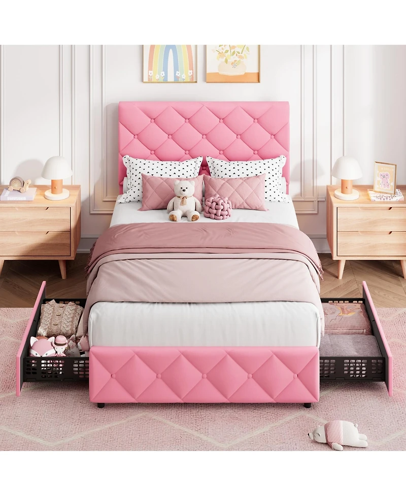Bed Frame with 4 Storage Drawers and Adjustable Headboard, Linen Upholstered Platform Beds, Diamond Stitched Button Tufted