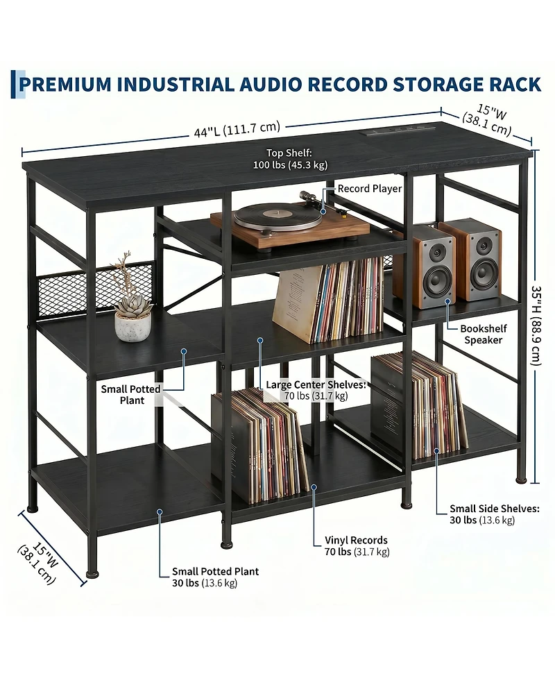 3-Tier Media Storage Shelf with Power Outlet, Record Player Stand, Cd Dvd Organizer Rack for Living Room Entertainment Space