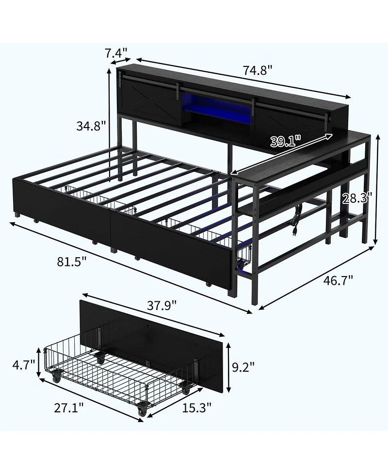 Twin Corner Bed Frame with Storage Bookcase, Metal Platform Bed Frame with Led Lights, Charging Station, Storage Drawers, Black