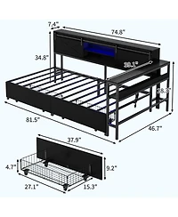 Twin Corner Bed Frame with Storage Bookcase, Metal Platform Bed Frame with Led Lights, Charging Station, Storage Drawers, Black