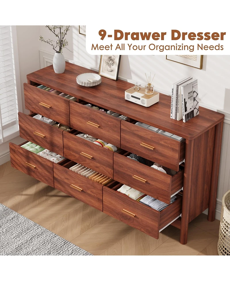 9 Drawer Dresser, Modern Storage Chest of Drawers, Freestanding Organizer with Cylindrical Legs, Metal Handles and Anti-Tip, for Bedroom, Living Room