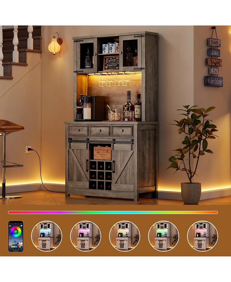 72" Coffee Bar Cabinet with Storage, Kitchen Buffet Hutch, Led Lights, Power Outlets, Sliding Barn Doors, 3 Drawers and Wine Glass Rack for Home Bar