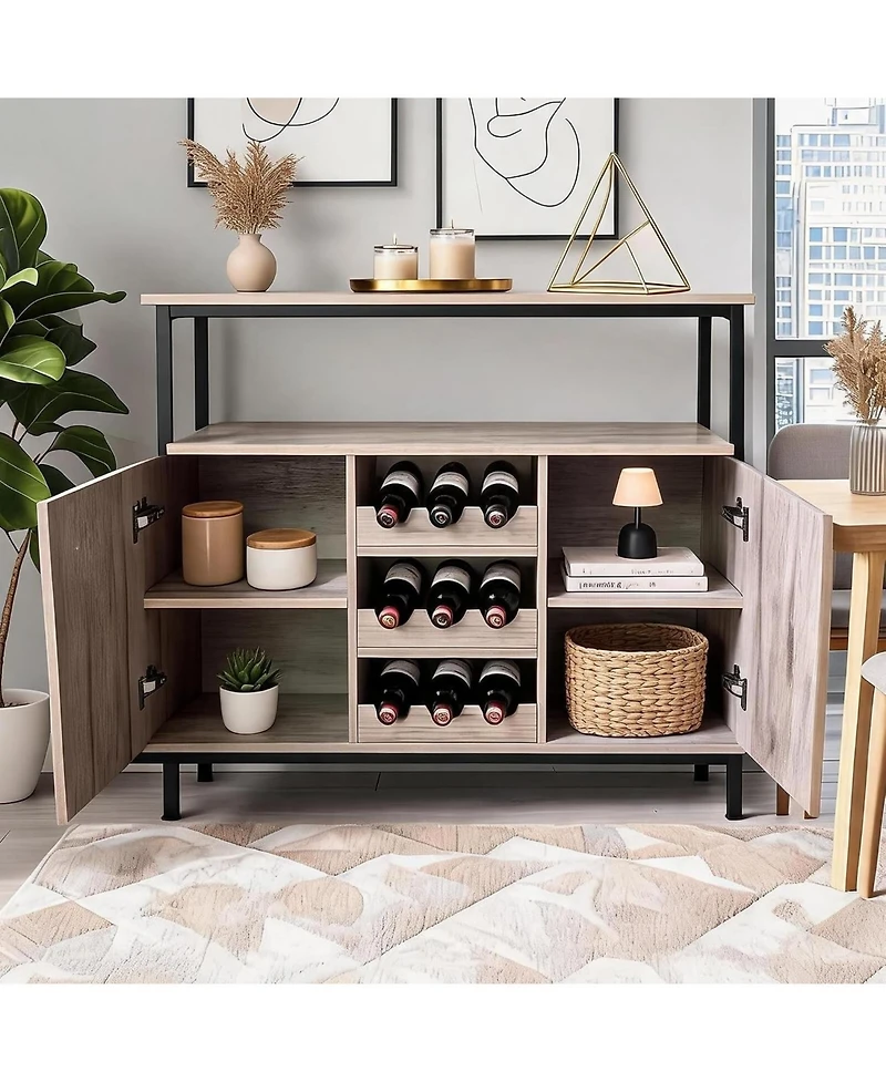 Farmhouse Sideboard Buffet Cabinet with Wine Rack and Adjustable Shelves, Kitchen Storage,Grey