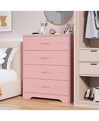 4 Drawer Chest of Drawers with Gold Metal Handles, Modern Tall Dresser Storage Organizer Cabinet for Living Room, Hallway, Nightstand, Pink