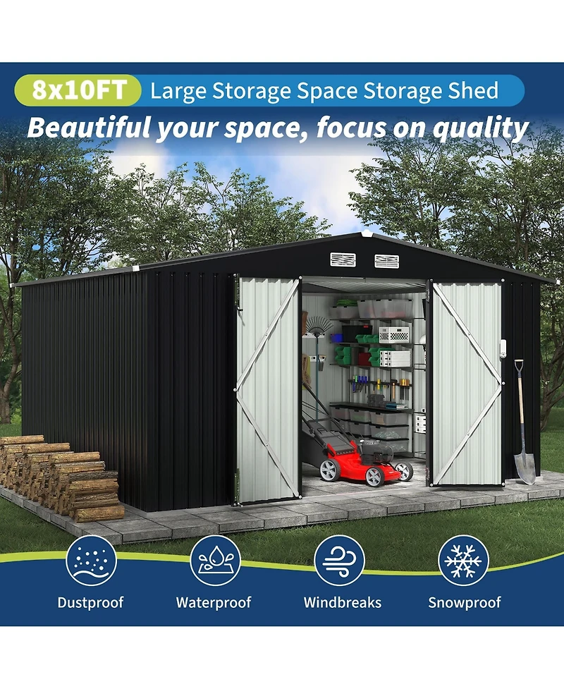8x10 Ft Outdoor Storage Shed, Heavy Duty Galvanized Steel Tool Room for Patio Backyard Garden Equipment Storage, Grey/Brown