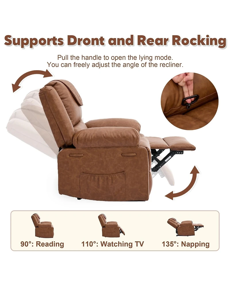 39 "L x 36 "W Pu Leather Recliner Chair with Massage and Heating, Adjustable Reclining Single Sofa for Living Room Bedroom Office, Brown