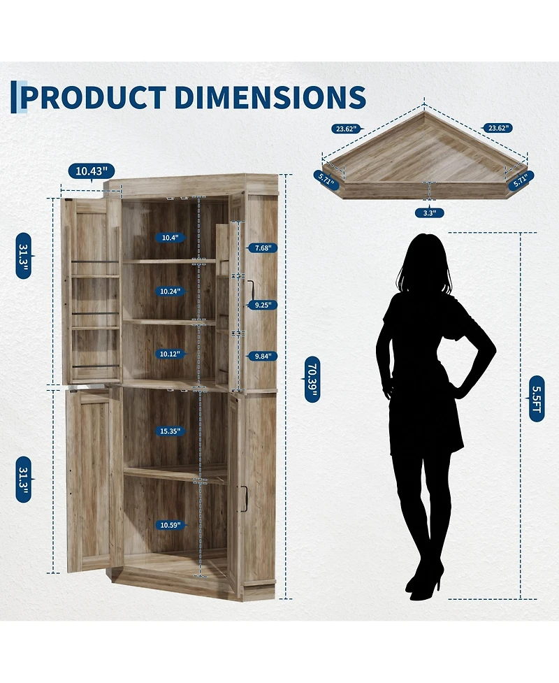 24 x 24 x 71 in Corner Kitchen Cabinet with 5 Shelves and Spice Racks, Engineered Wood Pantry Storage for Dining Room Living Room, Gray