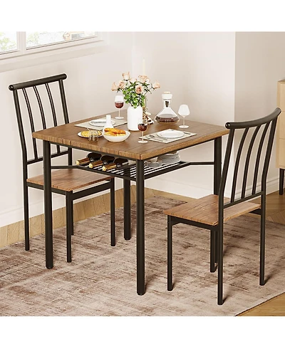 Dining Table Set 3 Piece with Wine Rack Rustic Brown Metal and Wood for Kitchen Apartment Small Space