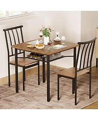 Dining Table Set 3 Piece with Wine Rack Rustic Brown Metal and Wood for Kitchen Apartment Small Space