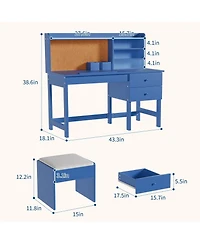 homfan Adjustable Kids Desk and Chair Set, Wooden Study Table with Tilting Desktop, Drawers Cork Board, Ergonomic Workspace for Boys Girls