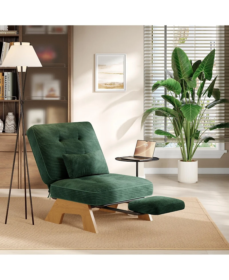 Accent Chair, Corduroy Upholstered Armchair for Living Room | Adjustable Backrest with Pull-Out Footrest, Rubberwood Frame for Bedroom