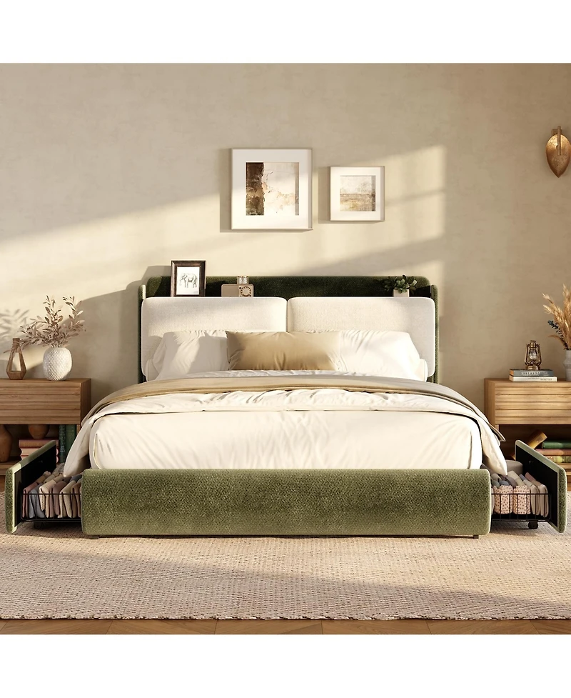 Upholstered Bed Frame with Shelf and Drawers, Chenille Platform Bed with Built in Headboard Shelf for Phone and Books