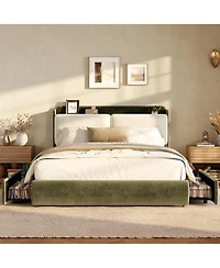 Upholstered Bed Frame with Shelf and Drawers, Chenille Platform Bed with Built in Headboard Shelf for Phone and Books