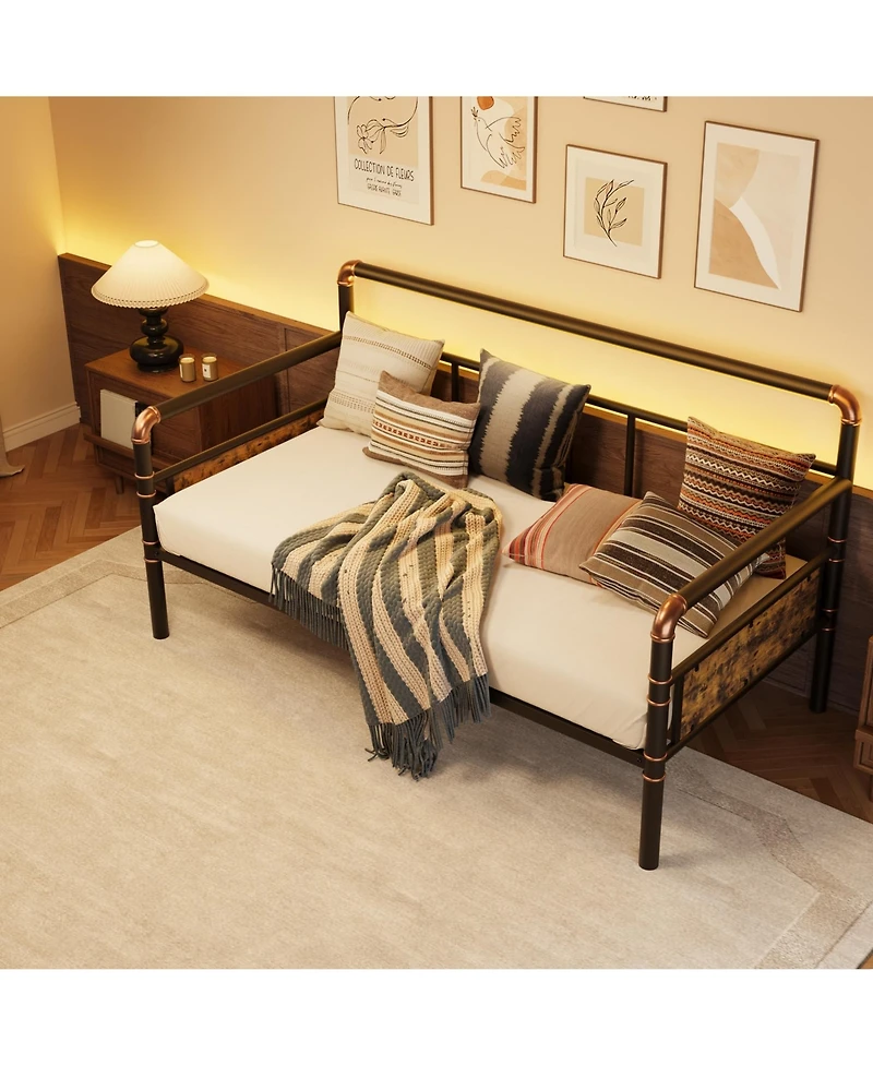 Daybed Frame Full Size Metal Space-Saving with Classic Wood Headboard Heavy Duty Steel Slats Noise-Free for Living Room Bedroom Guest Room