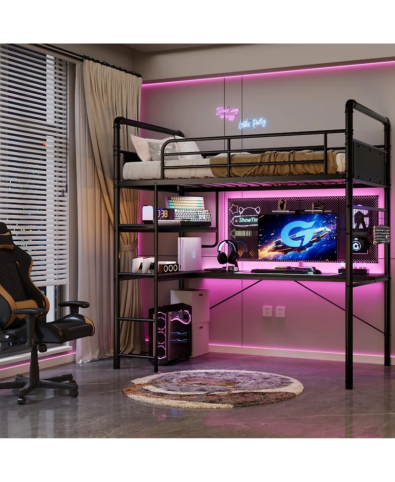 Loft Bed Twin Size Metal Heavy Duty with L-Shaped Desk and Storage Shelves High Guardrail Ladder 400 lbs Capacity Space-Saving for Bedroom Dorm Black