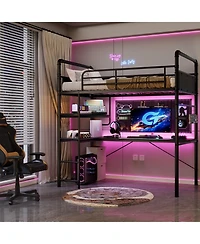 Loft Bed Twin Size Metal Heavy Duty with L-Shaped Desk and Storage Shelves High Guardrail Ladder 400 lbs Capacity Space-Saving for Bedroom Dorm Black