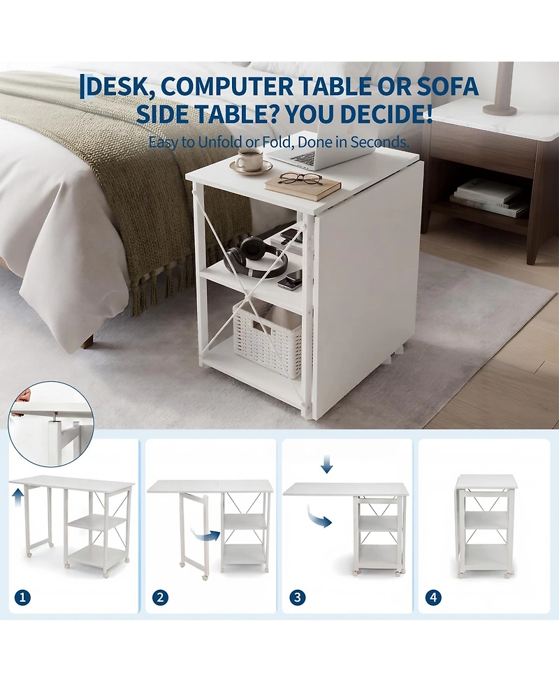 Folding Rolling Computer Desk, Space-Saving Versatile Home Office Writing Table with Wheels, Storage Shelf, Side Organizer for Bedroom Dorm