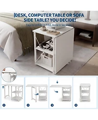 Folding Rolling Computer Desk, Space-Saving Versatile Home Office Writing Table with Wheels, Storage Shelf, Side Organizer for Bedroom Dorm
