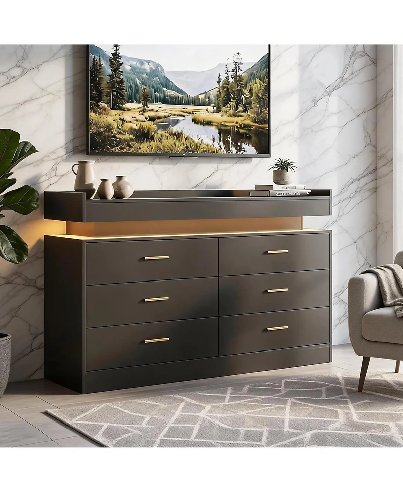6 Drawer Dresser with Led Light and Raised Top Shelf, Modern Wide Storage Chest with Metal Pulls, Storage Cabinet for Bedroom, Living Room, Entryway