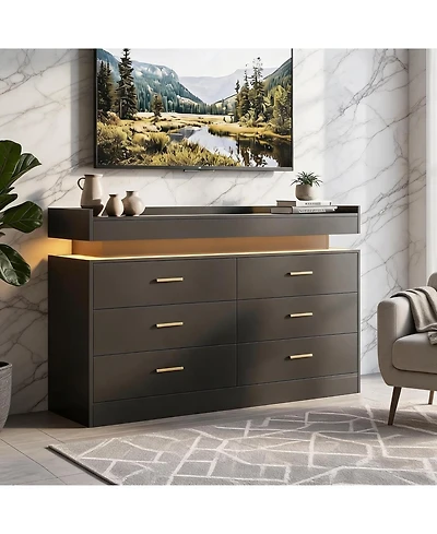 6 Drawer Dresser with Led Light and Raised Top Shelf, Modern Wide Storage Chest with Metal Pulls, Storage Cabinet for Bedroom, Living Room, Entryway