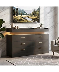 6 Drawer Dresser with Led Light and Raised Top Shelf, Modern Wide Storage Chest with Metal Pulls, Storage Cabinet for Bedroom, Living Room, Entryway
