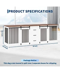 95" Large Dog Crate Furniture for 2 Dogs, Farmhouse Wooden Dog Kennel with 3 Storage Drawers, Duty Furniture Style Tv Stand with Sliding Barn Doors