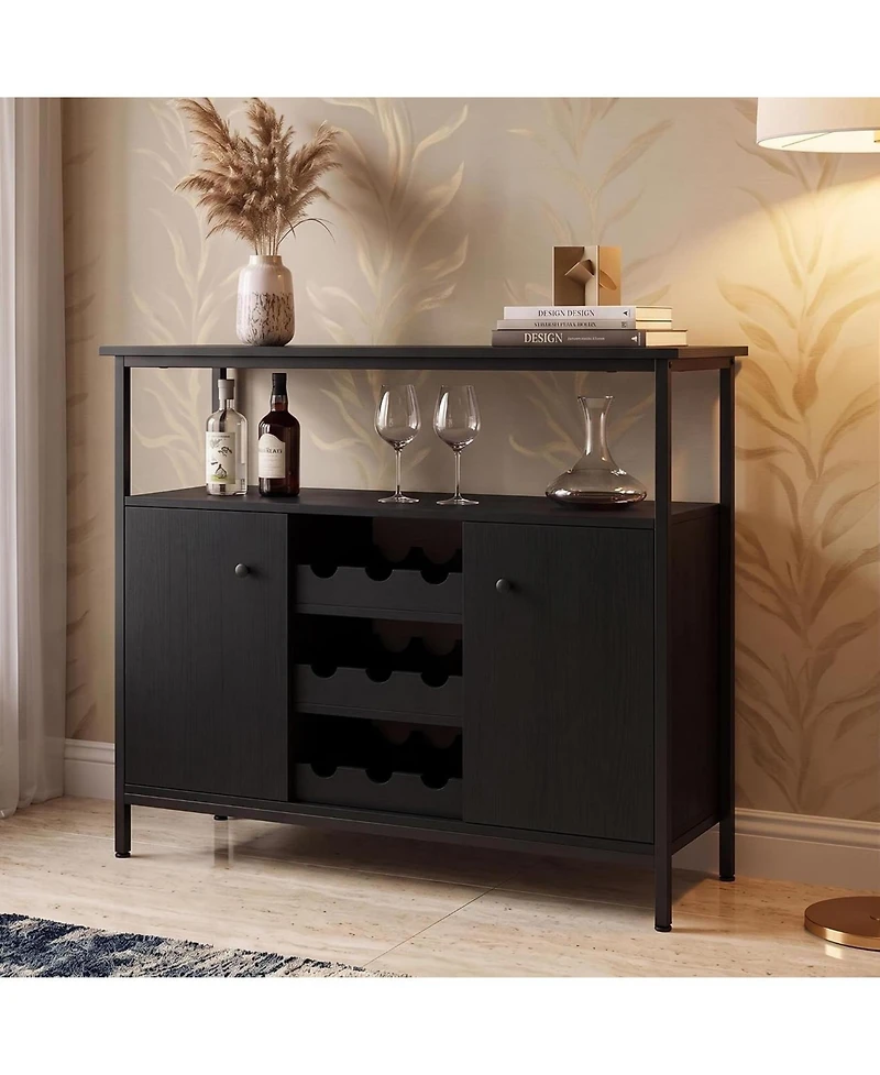 Farmhouse Sideboard Buffet Cabinet with Wine Rack and Adjustable Shelves, Kitchen Storage,Black